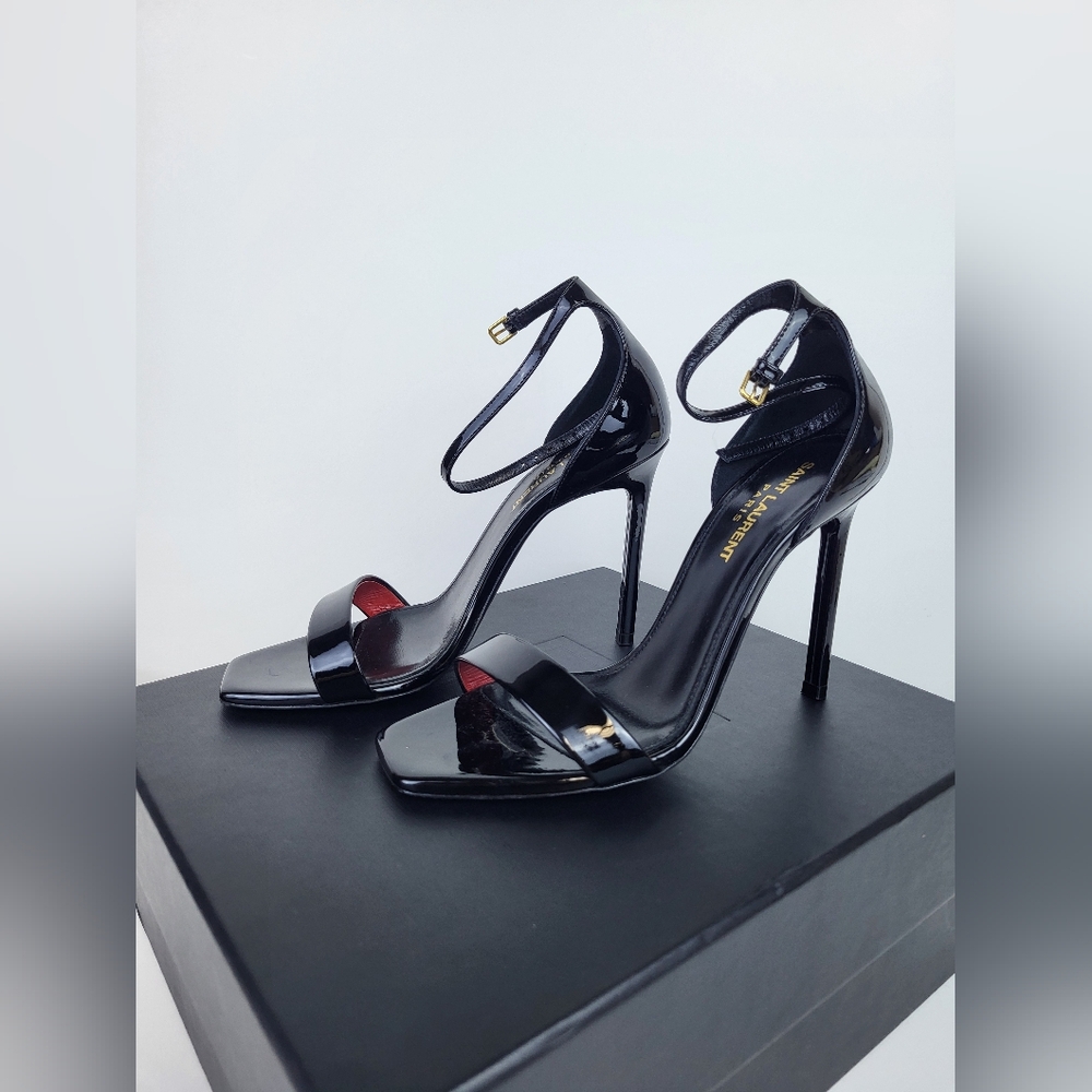 Saint Laurent Patent Calfskin Amber 105 Ankle Strap Sandals 37.5